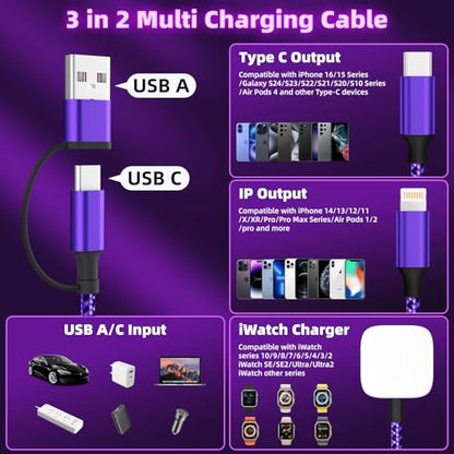 Travel Essentials 3-in-2 Multi Charging Cable for Apple Watch Charger, 5FT - color: Dark Purple&Black, size: AC to C+L+iWatch
