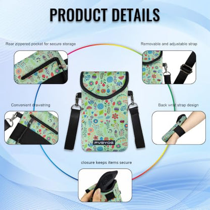 Neoprene Phone Sleeve Pouch Case Bag for Men Women w/Crossbody Strap/Neck Lanyard for iPhone 17/16/15/14 Pro Max, Samsung S25，Pixel 10 - color: Green Flower Cell Phone Sleeves
