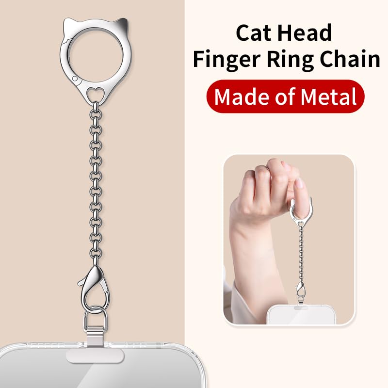 Metal Cat Head Phone Finger Grip Ring Chain Lanyard Keychain Holder Charm - color: Black