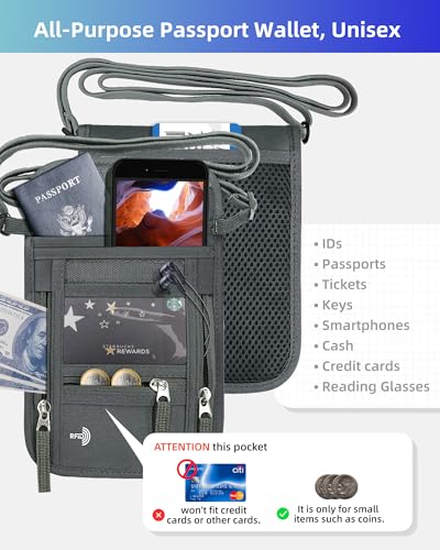 WALNEW Passport Holder Neck Pouch Travel Wallet for Women and Men, RFID Blocking Security Slim Traveling Wallet with Around Neck Lanyard Strap, Gray - color: Gray
