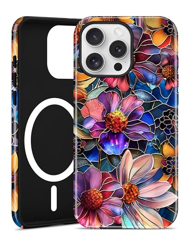 Jusy Magnetic Stained Glass Floral Case for iPhone 16e/17e, Purple | Compatible with MagSafe, Cute Aesthetic Flower Design, TPU and PC Protective Phone Cover - color: Purple