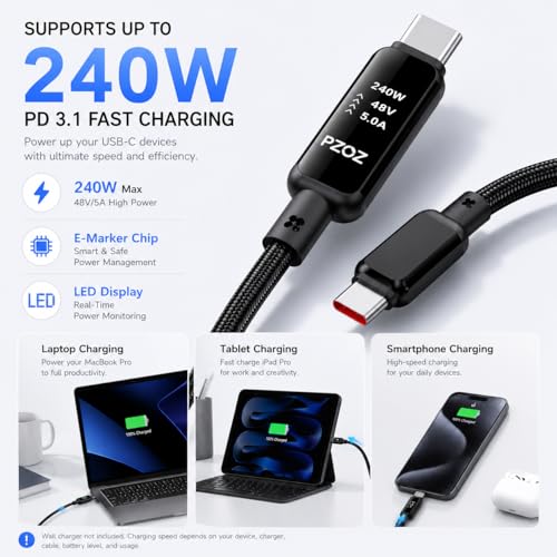 pzoz USB-C to USB-C Cable, 240W PD 3.1 Fast Charging with LED Display