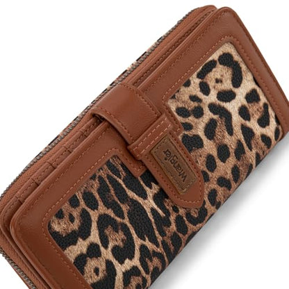 X Wrangler Women's Wallets Bifold Wristlet Wallets for Women Large Capacity Credit Card Wallet with ID Window - color: Leopard Brown