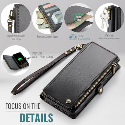 Defencase for Samsung Galaxy S25+/Plus Wallet Case with Card Holder, Black | with RFID Blocking Zipper Pocket, Durable PU Leather, Wrist Strap, S25 Plus Flip Phone Cases Cover with Stand for Women Men - color: Black