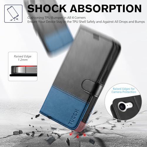 TUCCH Case Wallet for iPhone 17e 16e 6.1", Flip Stand, Black & Light Blue | 4 Card Holders, Kickstand, PU Leather, Magnetic Closure, Shockproof TPU Shell, Protective Flip Cover - color: Two-tone Black & Light Blue