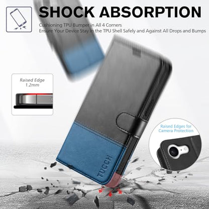 TUCCH Case Wallet for iPhone 17e 16e 6.1", Flip Stand, Black & Light Blue | 4 Card Holders, Kickstand, PU Leather, Magnetic Closure, Shockproof TPU Shell, Protective Flip Cover - color: Two-tone Black & Light Blue