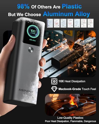 AsperX Laptop Power Bank, 165W 20,000mAh Retractable Cable Aluminum Unibody - color: Grey