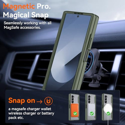 Upgraded 360° Spin Magnetic Invisible Ring Stand for Samsung Galaxy Z Fold 6 Case,[Compatible with MagSafe][S Pen Holder][Hinge Protection][Screen Protector],Shockproof Full Body Phone Cover (Green) - color: Green