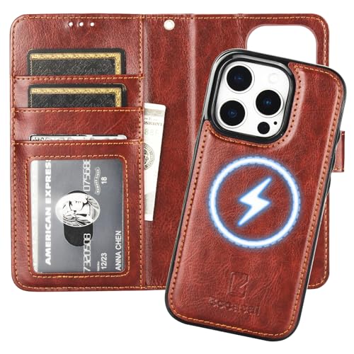 Bocasal for MagSafe Wallet Case Card Holder for iPhone 16 Pro, Brown | RFID Blocking Kickstand Magnetic PU Leather Case with Card Slots Holder for Wireless Charging Detachable Wrist Strap 6.3 Inch - color: Brown for MagSafe