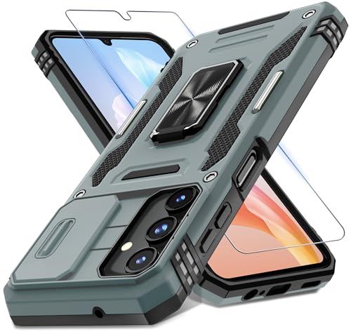 DEERLAMN Case for Samsung Galaxy A15 5G with Slide Camera Cover+Screen Protector (1 Pack), Rotated Ring Kickstand Military Grade Shockproof Protective Cover-Grey - color: Grey, size: A15 5G-6.5Inch