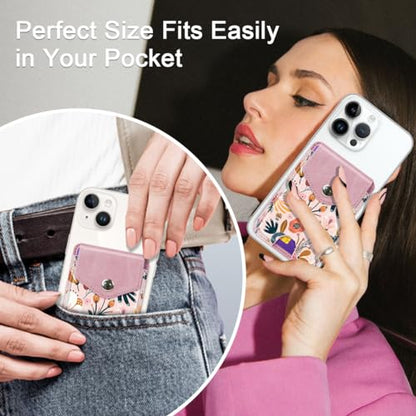 Self Adhesive Card Holders for Back of Phone, Premium Leather RFID Phone Wallet Pockets with Snap, Card Holders Sleeve for Phone Case, Pink Flower - color: Pink Flower