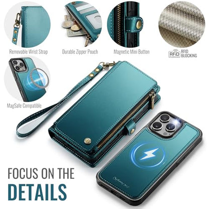 Defencase for iPhone 16 Pro Max Case Wallet Compatible with Magsafe, Green | Drop-Proof Magnetic Detachable Phone Cases Cover, with RFID Bolcking Card Holder, Zipper Strap, PU Leather, Removable Wallet - color: (Detachable with Magsafe)-Blue Green