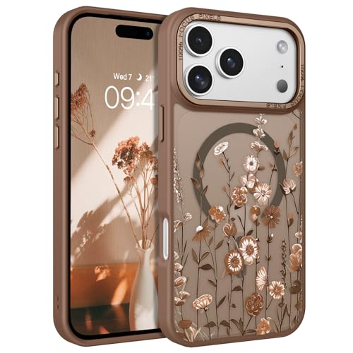 GUAGUA for iPhone 17 Pro Case Cute 3D Flower Pattern Magnetic Cases [Compatible with MagSafe] Translucent Matte Back Slim Shockproof Protective Phone Case for iPhone 17 Pro 6.3'', Brown - color: Brown, size: for iPhone 17 Pro