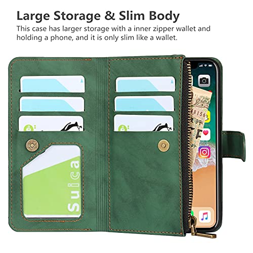 iCoverCase for iPhone X/XS Wallet Case with Card Holder and Wrist Strap, PU Leather Kickstand Card Slots Zipper Pocket Magnetic [Detachable] Flip Cover Case 5.8 Inch (Green) - color: Green