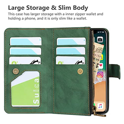 iCoverCase for iPhone X/XS Wallet Case with Card Holder and Wrist Strap, PU Leather Kickstand Card Slots Zipper Pocket Magnetic [Detachable] Flip Cover Case 5.8 Inch (Green) - color: Green