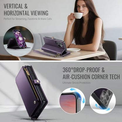 Defencase for Galaxy S26 Ultra Case Wallet Compatible with Magsafe, Purple | Magnetic Detachable, RFID Bolcking Card Holder, Zipper Strap, PU Leather Drop-Proof Phone Cover for Samsung Galaxy S26 Ultra - color: (Detachable with Magsafe)-Purple