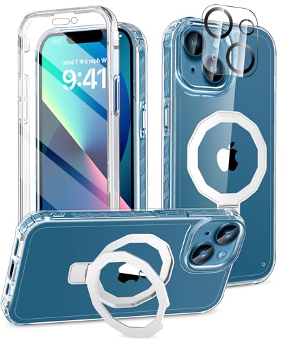 Compatible with iPhone 13 Case, Built-in Screen Protector & Seamless Stand, with Camera Lens Protector, Strong Magnetic Clear Phone Case, Full Body Protective Cover for 6.1" (Clear) - color: Clear, size: iPhone 13 6.1"