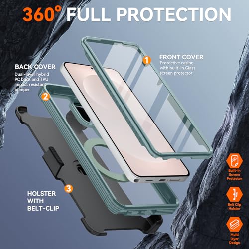 Magnetic for Samsung Galaxy S26 Ultra Case, Compatible with MagSafe, Full Body Rugged Case with Built-in Screen Protector & Kickstand & Belt-Clip (Green) - color: Green