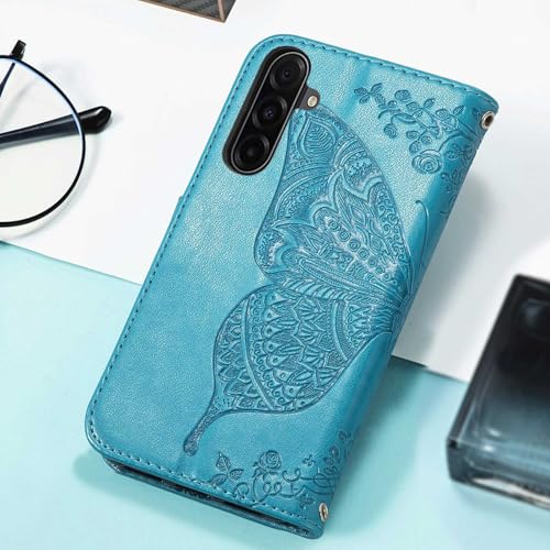 for Samsung Galaxy A17 5G Phone Case Wallet,Blue | Butterfly Embossed PU Leather, Credit Card Holders, Wrist Strap, Magnetic Closure, Flip Protective Purse Cover for Women Men - color: Blue