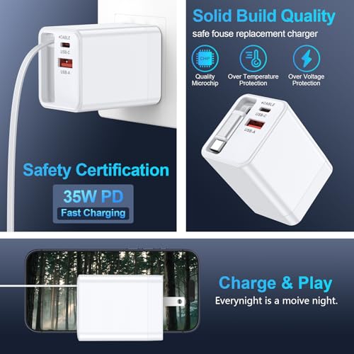 USB C Retractable Wall Charger with Foldable Plug,35W PD&QC Fast Charging Block with 3FT Retractable USB C Cords for iPhone 17 18 Pro Max/17/Air/16/16 Pro/15 Plus/Samsung Galaxy S25/S24/Pixel 10/9/8