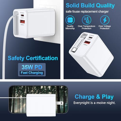 USB C Retractable Wall Charger with Foldable Plug,35W PD&QC Fast Charging Block with 3FT Retractable USB C Cords for iPhone 17 18 Pro Max/17/Air/16/16 Pro/15 Plus/Samsung Galaxy S25/S24/Pixel 10/9/8