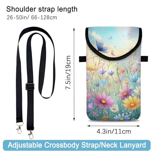 Neoprene Cell Phone Sleeve Pouch Case Bag with Crossbody Strap Neck Lanyard for Women 7.5 X 4.3 in Colorful Flowers - color: Colorful Flower