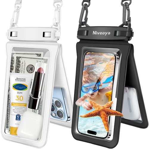 Niveaya Double Space Waterproof Phone Pouch - 2 Pack, Waterproof Phone Lanyard Case with iPhone 17/16/15/14/13 Pro Max up to 8.3", Phone Dry Bags for Vacation Beach Pool Kayak Cruise Travel Essentials - color: Black + White, size: Medium 8.3"