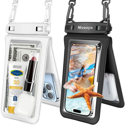 Niveaya Double Space Waterproof Phone Pouch - 2 Pack, Waterproof Phone Lanyard Case with iPhone 17/16/15/14/13 Pro Max up to 8.3", Phone Dry Bags for Vacation Beach Pool Kayak Cruise Travel Essentials - color: Black + White, size: Medium 8.3"