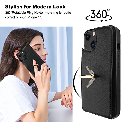 Folosu Compatible with iPhone 14 Case Wallet with Card Holder, 360°Rotation Finger Ring Holder Kickstand, RFID Blocking Leather Protective Double Buttons Shockproof Cover 6.1 Inch Black - color: Black, size: iPhone 14