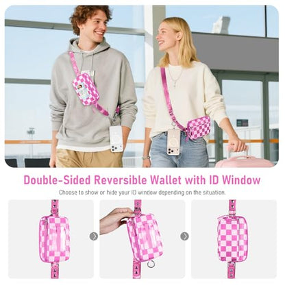 Tiostep Clip and Go Strap for Phone with Wallet Crossbody Phone Lanyard Adjustable and Detachable RFID Wristlet Wallet (Hot Pink Checkered, Medium) - color: Hot Pink Checkered, size: Medium