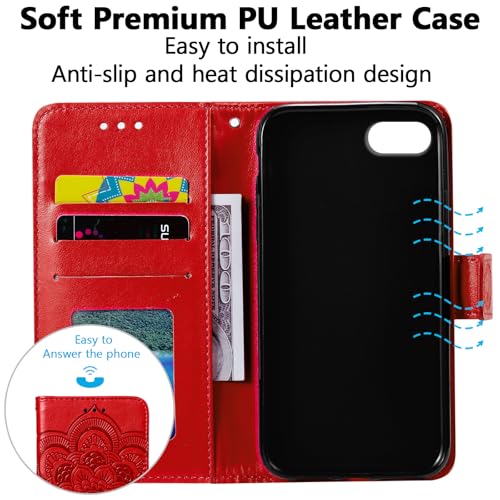 EYZUTAK Case for iPhone 17e/iPhone 16e, Premium PU Leather Magnetic Closure Flip Wallet Phone Case with Card Holder Cash Slot Stand Function Embossed Mandala Flower Shockproof Lanyard Cover - Red - color: Red, size: iPhone 17e/iPhone 16e