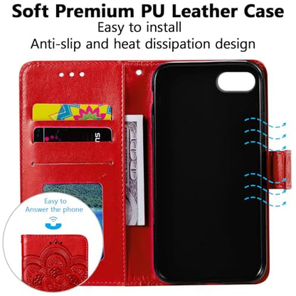 EYZUTAK Case for iPhone 17e/iPhone 16e, Premium PU Leather Magnetic Closure Flip Wallet Phone Case with Card Holder Cash Slot Stand Function Embossed Mandala Flower Shockproof Lanyard Cover - Red - color: Red, size: iPhone 17e/iPhone 16e