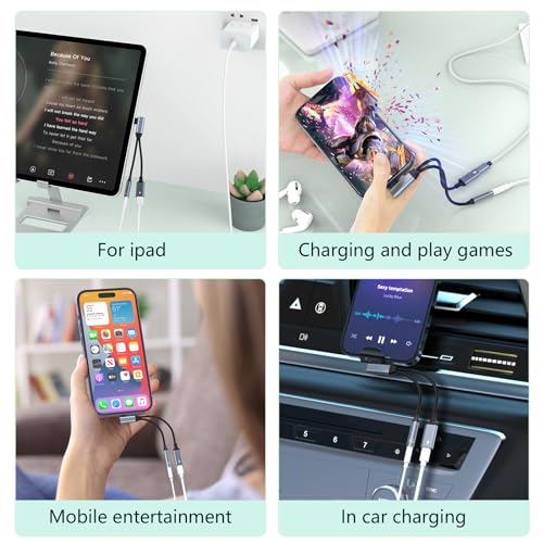 Right Angle 2-in-1 Lightning to 3.5mm Audio Aux Jack Headphone + Charge Cable Adapter iPhone,90 Degree Earphone Converter Splitter for Music+Charge+HiFi with iPhone 14 13 12 11【Apple MFi Certified】