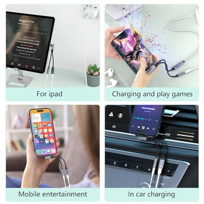 Right Angle 2-in-1 Lightning to 3.5mm Audio Aux Jack Headphone + Charge Cable Adapter iPhone,90 Degree Earphone Converter Splitter for Music+Charge+HiFi with iPhone 14 13 12 11【Apple MFi Certified】