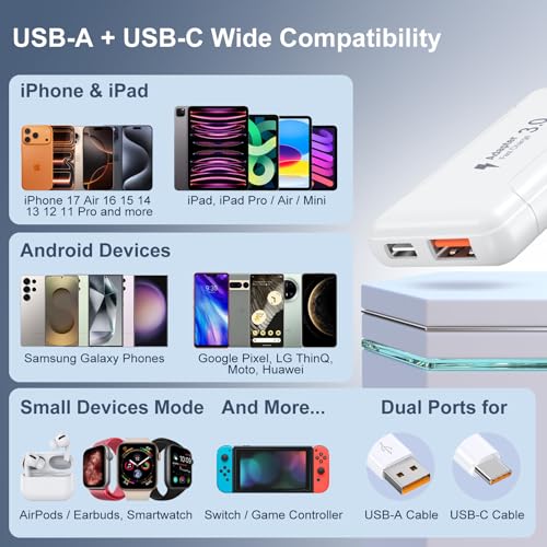 Slim Flat USB C Wall Plug, OKRAY 50W Ultra-Thin&Foldable Dual USB Charger - color: White - 1Pack