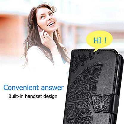 Wallet Case for Samsung Galaxy A03s with Card Holder Black | PU Leather Flip Phone Cover,Wrist Strap,Woman Man Purse,Emboss Butterfly Flower,Stand,Shockproof TPU Shell, Magnetic Closure - color: B Black