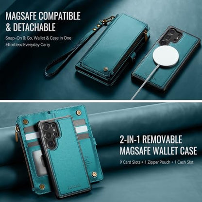 Defencase for Galaxy S23 Ultra Case Wallet Compatible with Magsafe, Green | Magnetic Detachable, RFID Bolcking Card Holder, Zipper Strap, PU Leather Drop-Proof Phone Cover for Samsung Galaxy S23 Ultra - color: (Detachable with Magsafe)-Blue Green
