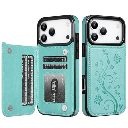 Korecase Compatible with iPhone 17 Pro Max Wallet Case Premium Embossed Butterfly Flower Credit Card Slots Double Magnetic Buttons Flip Shockproof Protective Cover Case - Mint Green - color: Mint Green, size: iPhone 17 Pro Max 6.9"