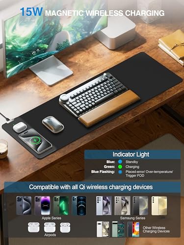 Mouse Pad with 15W Wireless Charging, 31.5"x11.81" XL Large Desk Mat - color: Black-31.5"x11.8"