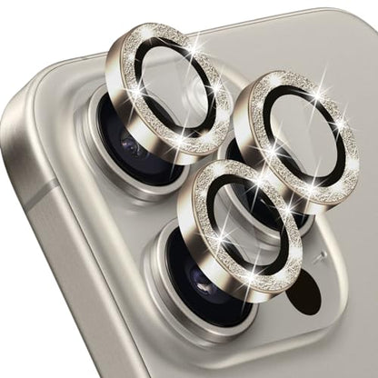 Compatible with iPhone 15 Pro & 15 Pro Max Camera Lens Protector, Bling Glitter Diamond Lens Cover 9H Tempered Glass Camera Cover Anti Scratch Shockproof Screen Protector - Natural Titanium - color: Natural Titanium Glitter