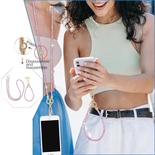 Crystal Phone Strap Crossbody Rhinestone Cell Phone Neck, Pink - color: Pink
