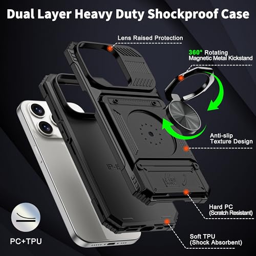 Vofolen for iPhone 15 Pro Max Case Wallet with Card Holder [Store 2 Cards] | 360° Magnetic Rotated Ring Kickstand, Heavy Duty Shockproof Protection Wallet Phone Case for iPhone 15 Pro Max 6.7'' Black - color: Black