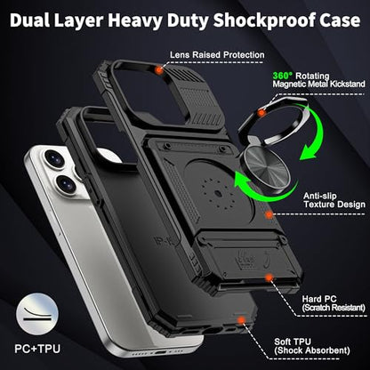 Vofolen for iPhone 15 Pro Max Case Wallet with Card Holder [Store 2 Cards] | 360° Magnetic Rotated Ring Kickstand, Heavy Duty Shockproof Protection Wallet Phone Case for iPhone 15 Pro Max 6.7'' Black - color: Black