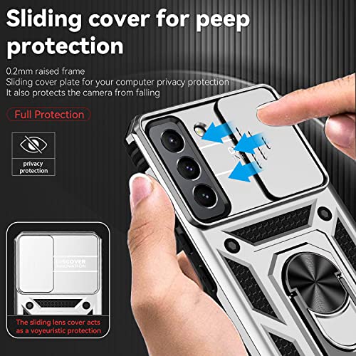 for Samsung Galaxy S22 Case with Camera Lens Cover HD Screen Protector, Dual Layer Military-Grade Drop Tested Magnetic Ring Holder Kickstand Protective Phone Case for Samsung Galaxy S22 5G (Silver) - color: Silver with camera cover Military-Grade 2nd gen
