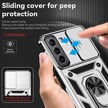 for Samsung Galaxy S22 Case with Camera Lens Cover HD Screen Protector, Dual Layer Military-Grade Drop Tested Magnetic Ring Holder Kickstand Protective Phone Case for Samsung Galaxy S22 5G (Silver) - color: Silver with camera cover Military-Grade 2nd gen