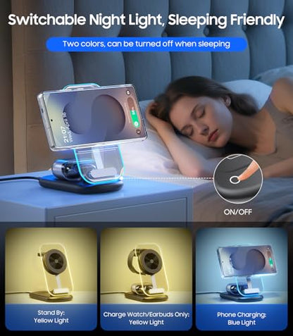 Meifigno 3 in 1 Magnetic Wireless Charging Station for Samsung, Foldable MagSafe Charger Stand with Switchable Night Light for Galaxy S26/S25/Z Fold 7, Watch Charger for Galaxy Watch Ultra 8, for Buds