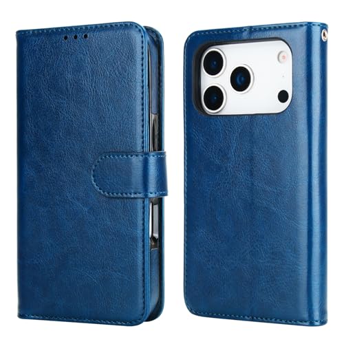 Bocasal Detachable Wallet Case Card Holder for iPhone 17 Pro, Blue | RFID Blocking Kickstand Card Slots Holder PU Leather Magnetic Shockproof Wrist Strap Removable Flip Protective Cover 6.3 inch - color: Blue