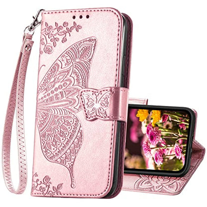 for iPhone 13 Pro Case Wallet for Women,Rose Gold | Butterfly Phone Cover Flip Folio Embossed PU Leather Credit Card Holder Slots Magnetic Wrist Strap Case - color: Rose Gold