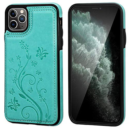 Vaburs for iPhone 11 Pro Max Wallet Case Card Holder Butterfly, Green - color: Green