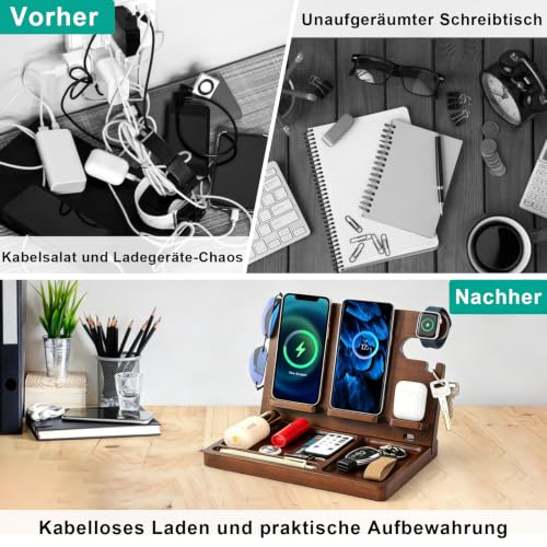 Wood Phone Docking Station with 4 Wireless Charger Nightstand Organizer - color: Walnut color